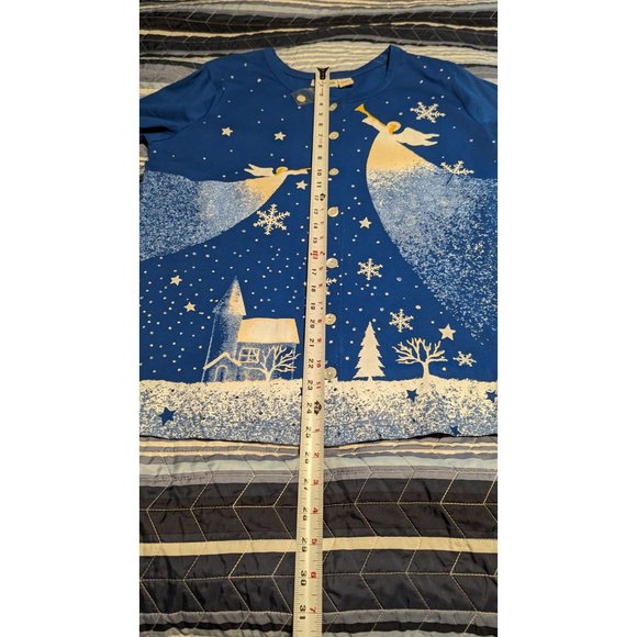 NEW Collections Etc Sz M Winter Angels Peace on Earth Blue Button Cotton Sweater - Picture 7 of 7